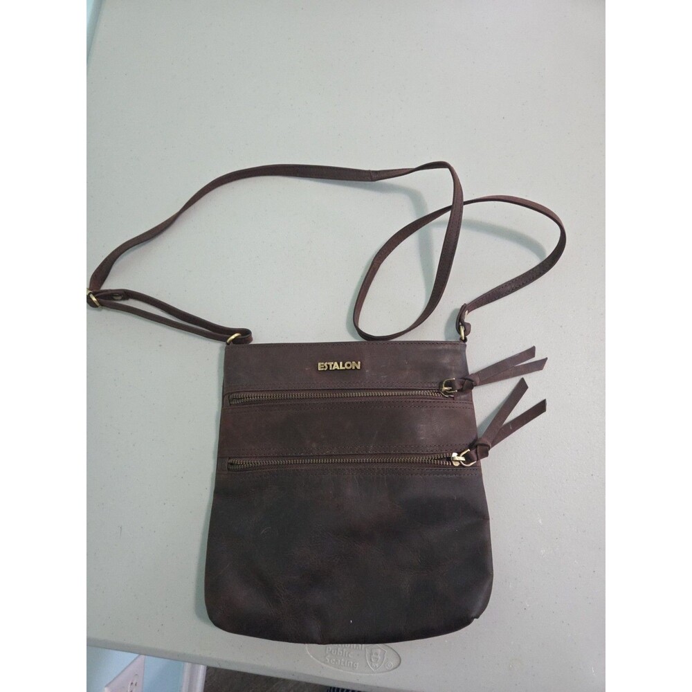 ESTALON 100% Genuine Leather Crossbody Bag Purse Distressed Dark Brown